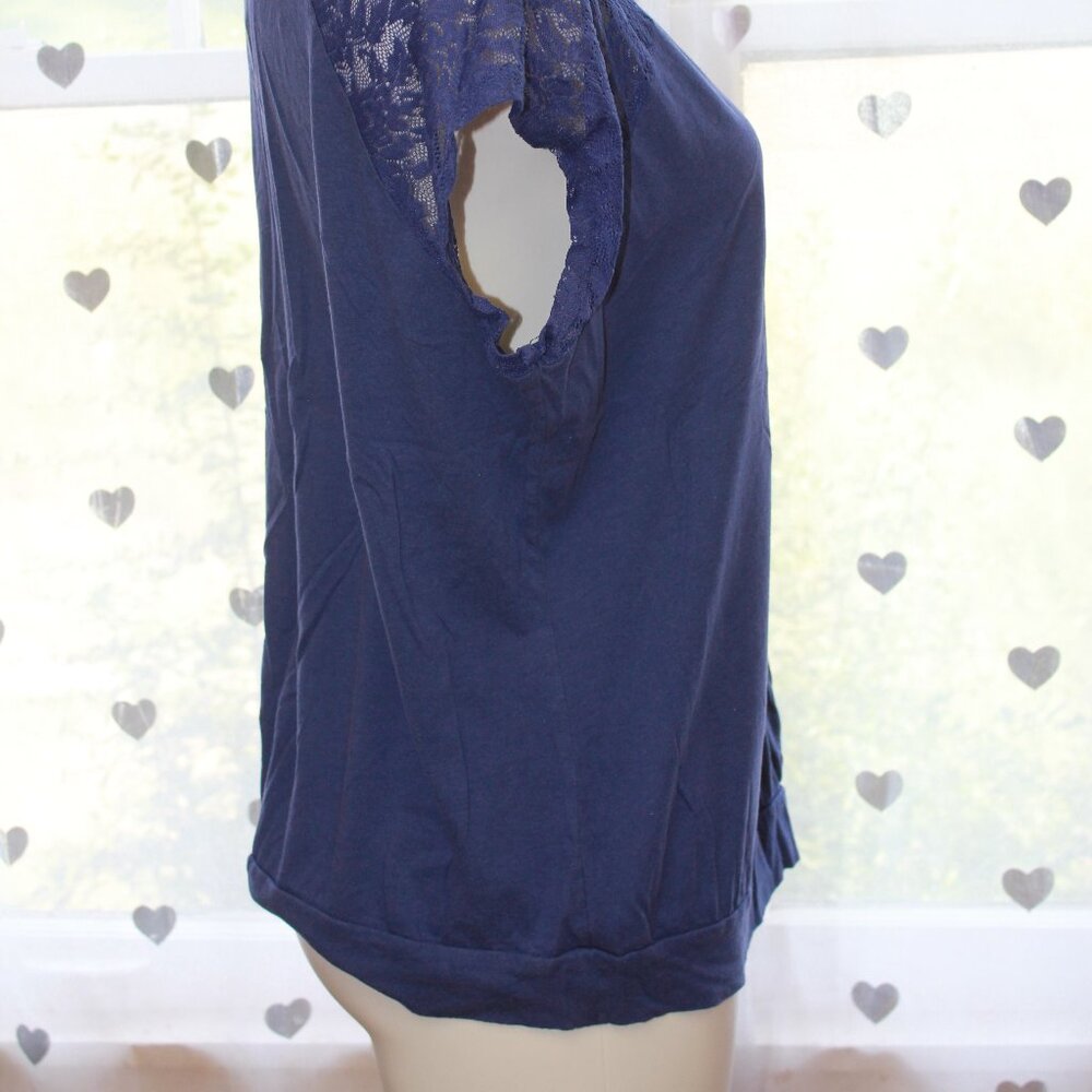 #349 Lane Bryant Blue Short-Sleeve Dressy Shirt with Lace Sleeves Size 14/16 - Picture 4 of 9